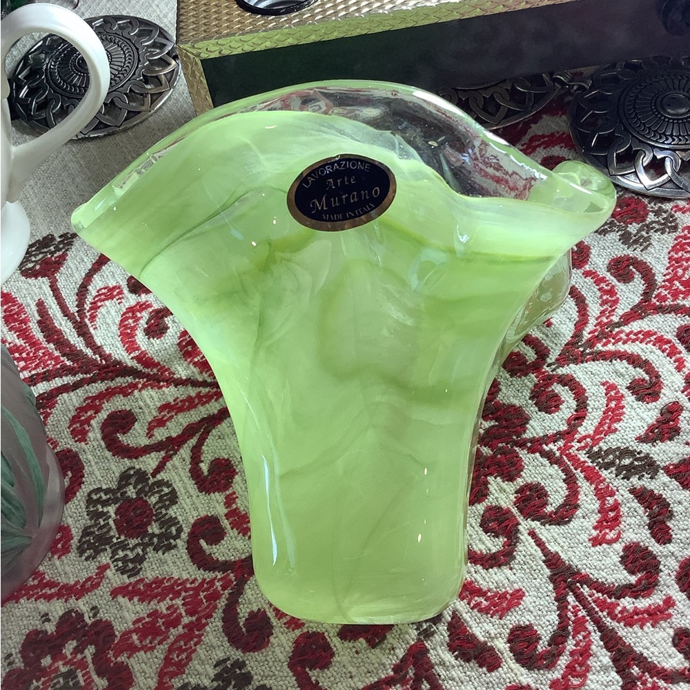 Vintage Murano Glass Art Vase - Light Mint Green Candy Dish Swirl